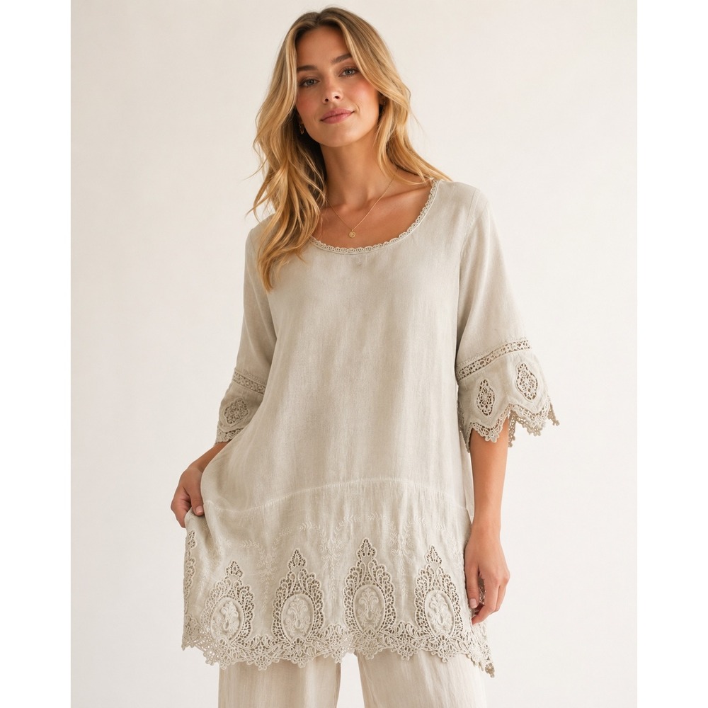 NWOT Simply Couture Cream Linen Tunic | Ornate Lace Hem + Cuff Sleeves